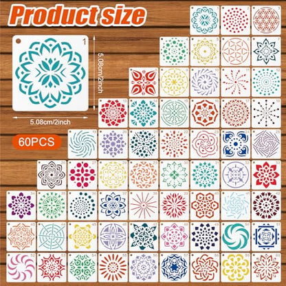 60pcs Mandala Stencils for Painting, Mandala Dotting Templates (Style 1) | 2x2 Inch Reusable PET Crafts Art Drawing Stencil for Rocks Wood Furniture Canvas Fabric Decoration DIY Projects - style: C