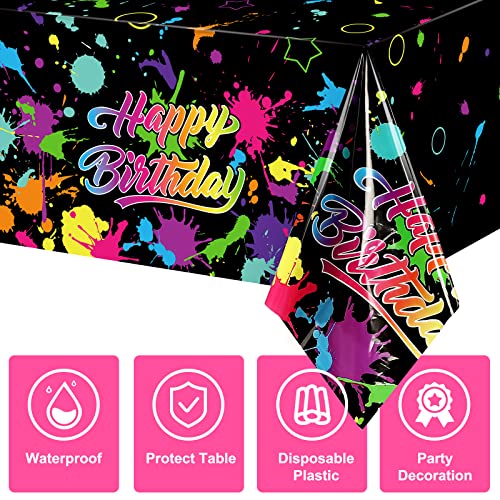 3 Pcs Glow in the Dark Tablecloth Disposable Plastic Neon Table Cloths Happy Birthday Glow Party Table Covers for Neon Black Light Birthday Party Paint Splatter Decorations Supplies, 54 x 108 Inch