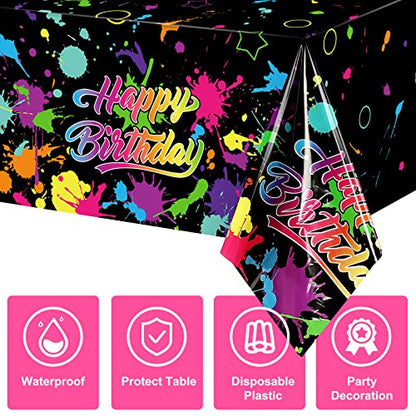3 Pcs Glow in the Dark Tablecloth Disposable Plastic Neon Table Cloths Happy Birthday Glow Party Table Covers for Neon Black Light Birthday Party Paint Splatter Decorations Supplies, 54 x 108 Inch