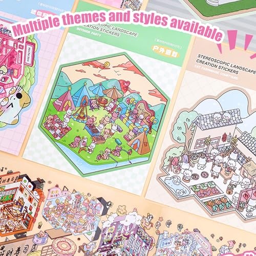 20 Sets DIY 3D Sticker Scene Collection Book – Create Your Own Miniature Shop House Stickers, Perfect for Stress Relief Creative Fun - color: Pink