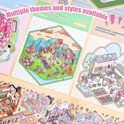 20 Sets DIY 3D Sticker Scene Collection Book – Create Your Own Miniature Shop House Stickers, Perfect for Stress Relief Creative Fun - color: Pink