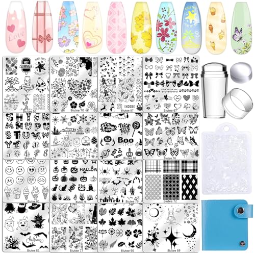 Biutee 16PCS Nail Stamping Plates Nail Stamping Kit with Nail Art Stamper | Nail Stamper Kit with Scraper & Storage Bag, Nail Art Stamping Plates Butterfly Flower Leaf Bowknot Design for DIY Nail Art - color: 20 Piece Set