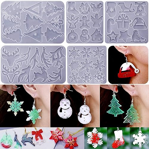 Christmas Earring Molds, 5 Pcs Christmas Style Resin Earring Molds | Various Shapes Christmas Silicone Molds for Earring Jewelry Pendant Keychain Ornament Epoxy Resing Casting Gift - color: 5PCS Christmas Jewelry Molds
