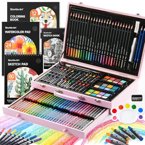Shuttle Art 149 Piece Deluxe Art Set, Art Supplies in Wooden Case, Painting Drawing Art Kit with Crayons Colored Pencils Oil Pastels Coloring Book Sketch Pad for Kids Adults - color: Pink, size: 149 Piece Set