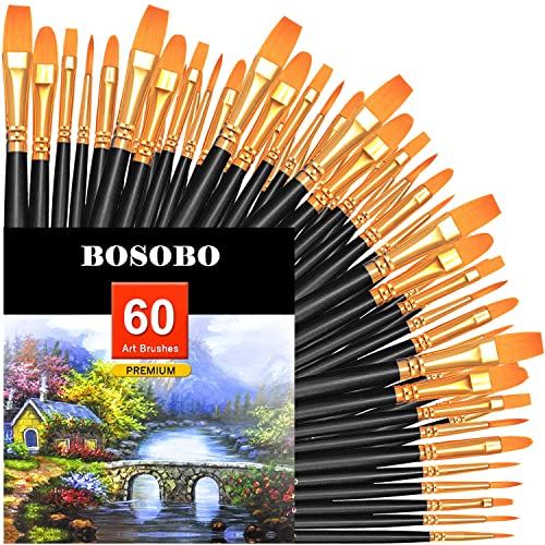 BOSOBO Paint Brushes Set, 6 Pack 60 Pcs Round Pointed Tip Paintbrushes Nylon Hair Artist Acrylic Paint Brushes for Acrylic Oil Watercolor, Face Nail Art, Miniature Detailing & Rock Painting, Black - color: Black, size: 6 Pack