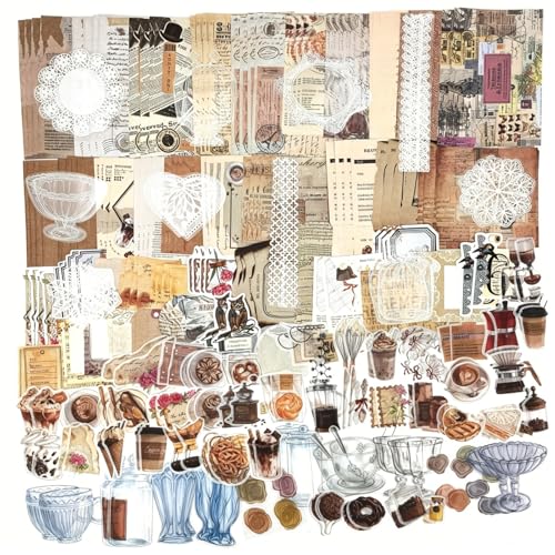 Esweny 260PCS Vintage Journaling Scrapbooking Supplies Scrapbook Sticker Paper Ephemera Pack for Junk Journal Planners Collage Craft Notebooks Album (Coffee and Bread) - color: Coffee and Bread