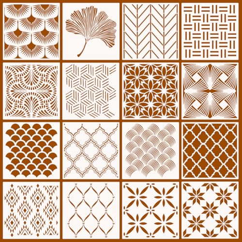 16pcs Reusable Geometric Stencils 8 x 8 Inch Painting Templates Wall Abstract Stencils for Crafts, Floor Drawing Templates, Furniture, Wood, Wall, Canvas, Fabric Painting, Art, Graffiti