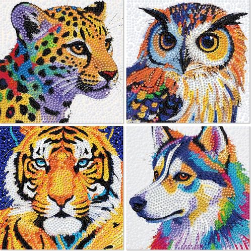 Libfx Diamond Art Kits for Kids 4 PCS Diamond Art for Girls Boys Beginners Arts and Crafts for Kids(Tiger Leopard owl Dog) - color: colorful-07