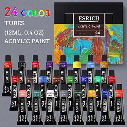 ESRICH 57PCS Acrylic Paint Canvas Painting Kit with 24 Paints | Acrylic Paint Set, Easel, Canvas, Painting Pads, Paint Brushes, Palette, Paint Knife, Brush Cup and Art Sponge for Beginners - style: 57