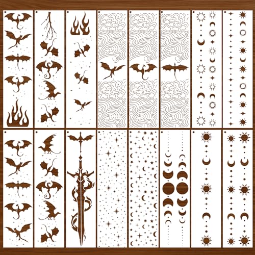 AFRITEE Flying Dragon Stencils for Painting, 16 Pcs Fantasy Reusable Book Edge Stenciling for Crafts Kit, Dragon Paint Stencils for Canvas Wall Home Floor Furniture Spray Painting Book Edge - style: Flying Dragon