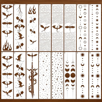 AFRITEE Flying Dragon Stencils for Painting, 16 Pcs Fantasy Reusable Book Edge Stenciling for Crafts Kit, Dragon Paint Stencils for Canvas Wall Home Floor Furniture Spray Painting Book Edge - style: Flying Dragon