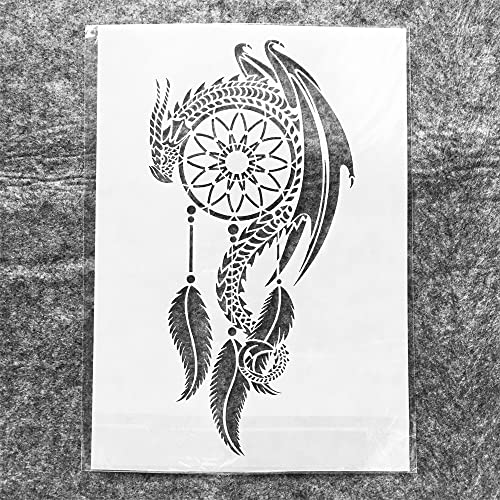 TIAMECH A4 Reusable Dragon Stencil for Painting | Dragon on Wind Chime Tassel Layering Template, DIY Wall Art, Wood Furniture, Scrapbook & Crafts (8.3x11.7inch) - style: Dragon