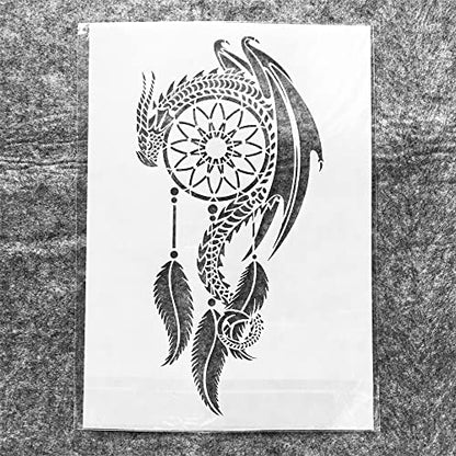 TIAMECH A4 Reusable Dragon Stencil for Painting | Dragon on Wind Chime Tassel Layering Template, DIY Wall Art, Wood Furniture, Scrapbook & Crafts (8.3x11.7inch) - style: Dragon