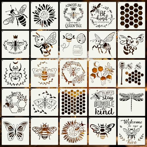 Insect Bee Stencils for Crafts Reusable 25Pcs Stencils(6X6 Inch) | DIY Art Painting Stencil Furniture Decor Kit for Wood Embroidery Wall Silk Screen Journaling - color: Bee 1