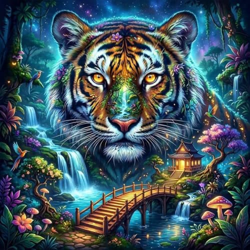 Reluohuo Tiger Diamond Painting Kits for Adults, 5D DIY Full Drill Diamond Art Kits for Beginner, Round Gem Art Craft for Home Wall Decor, 12x12 Inch