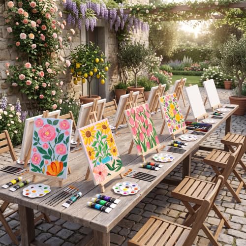 Cholemy 36 Pcs Paint and Sip Kit Gift for Adults 8''x10'',Fresh Flowers | Pre Drawn Canvas, Painting DIY Afro Acrylic Painting Kit, Wood Easel Brushes, Date Night Bulk, Summer Halloween Party - style: Fresh Flowers