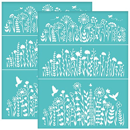 OLYCRAFT 2pcs 8.6x11 Inch Wildflower Silk Screen Printing Stencils Self-Adhesive Silk Screen Stencils Butterfly Bird Screen Stencils Reusable Mesh Transfers for Painting on Wood T-shirts Bags - color: Flowering Shrubs