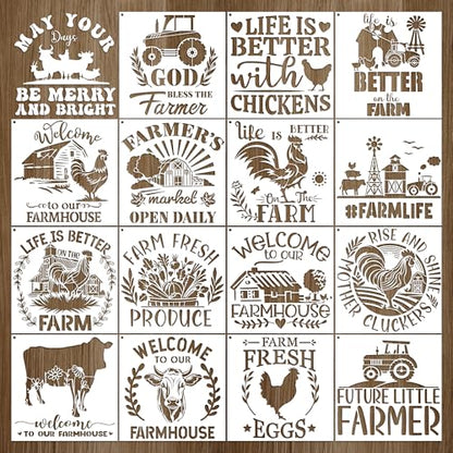 Keluna Farmhouse Stencils for Painting - 16 Pcs Reuasble Farm Animal Cow Chicken Reusable Stencils for Wood Burning Crafts Fabric Farm Sign Home Decor Template - style: welcome to farm
