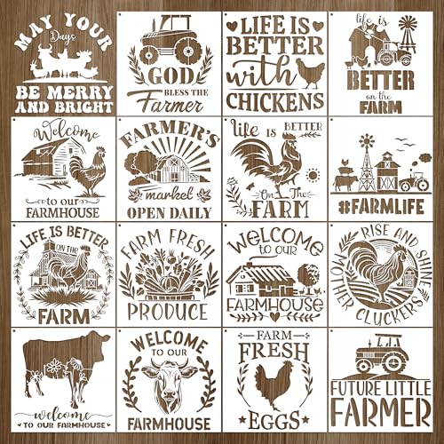 Keluna Farmhouse Stencils for Painting - 16 Pcs Reuasble Farm Animal Cow Chicken Reusable Stencils for Wood Burning Crafts Fabric Farm Sign Home Decor Template - style: welcome to farm