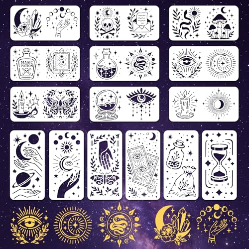 INFUNLY 15Pcs Magic Divination Wall Stencil for Painting 3.9×7.87" Reusable Wall Stencils Dream Theme Painting Stencil Small Vintage Walls Template for Crafts Cement Wood Furniture Bedroom Home Decor - style: 15PCS Magic Divination