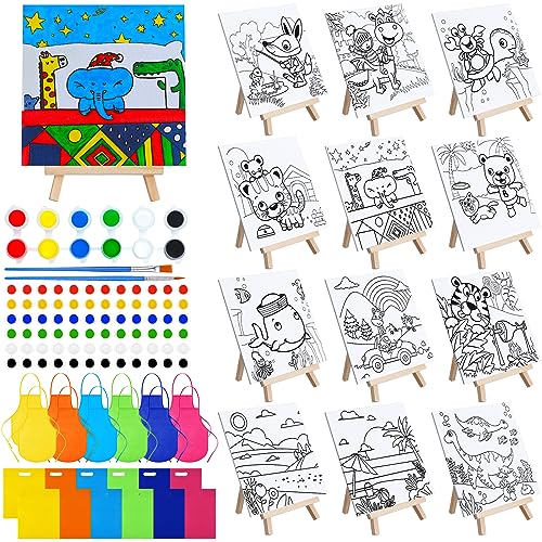 Tenceur 48 Pcs Kids Paint Party Favors Sets with 12 Pcs Animals Pre Drawn Canvas Panel and Wooden Easel Set Paint Pots and Brushes 12 Mini Apron and Tote Bag for Kids Boys Student Girls - style: Cute