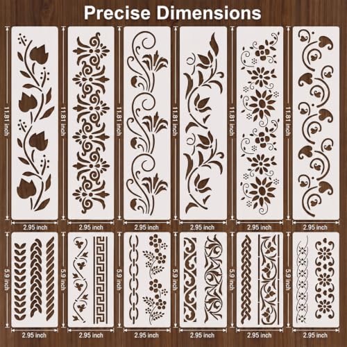 12 Pack Border Stencils Set for Painting on Wood Walls, Reusable Floral Boho Pattern Stencil for Art Crafts, Spray Paint Template for Wallpaper Floor Canvas, Acrylic Painting on Floors Fabric
