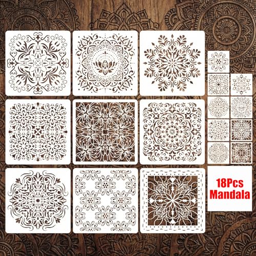 18 Pcs Mandala Stencils Set (12Inch + 4Inch), Reusable Large & Small Mandala Painting Stencils for Painting on Wood, Wall, Canvas, Rock, Furniture, Tile, Floor, DIY Art Craft Decor