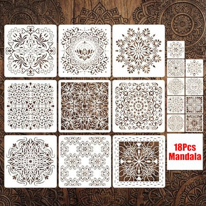 18 Pcs Mandala Stencils Set (12Inch + 4Inch), Reusable Large & Small Mandala Painting Stencils for Painting on Wood, Wall, Canvas, Rock, Furniture, Tile, Floor, DIY Art Craft Decor