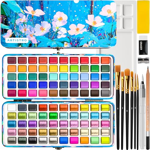 ARTISTRO Watercolor Paint Set with Palette & Brush Pens - 100 Colors | Portable Paint Art Kit, Travel Water Color Set, For Adults, Professionals, & Kids, Art & Painting Supplies, Gift Idea - style: 100 Colors Portable Travel Limited
