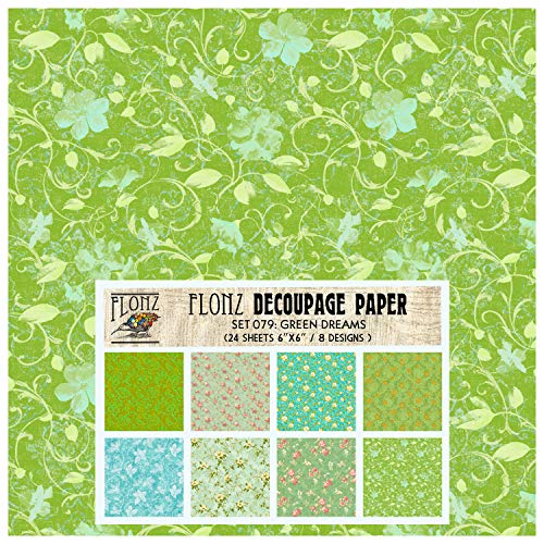 Decoupage Paper Pack (24 Sheets 6"x6") Green Dreams FLONZ Vintage Styled Paper for Decoupage, Craft and Scrapbooking - color: Three