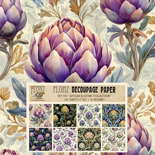 Decoupage Paper Pack (24 Sheets 6"x6") Artisan Blooms Collection: Vibrant Artichoke and Floral Patterns in Rich Purples and Greens # Vintage Styled Paper for Craft and Scrapbooking - color: ThirtyFour