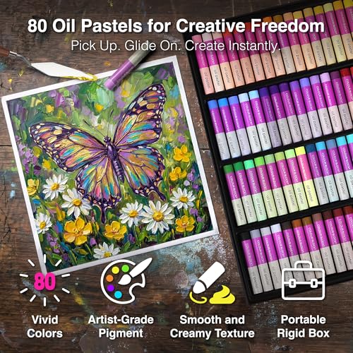 COLOUR BLOCK 80 Colors Oil Pastels Art Set, Premiun Ultra-Soft Creamy Pastel for Drawing, Blending, Shading for Professional Artists, Beginners, Hobbyists, Portable Rigid Box for Gifting - size: 80 Count (Pack of 1)
