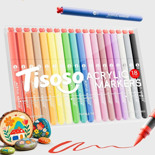 Tisoso 18 Colors Acrylic Paint Markers Brush Tip with Automatic Ink Control | Water-Based Acrylic Markers for Artist, Waterproof Paint Pens, School Classroom, DIY Art & Crafts-Fabric,Rock,Wood,Metal - color: 18 Colors