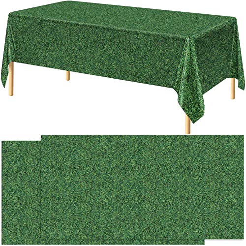 durony 2 Pack Green Grass Field Plastic Tablecloth Grass Print Table Covers 54 x 108 Inches Sports Party Table Decor for Sports Theme Parties Decorations - style: Green Grass