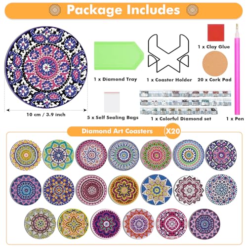 Caffox 20 Pieces Diamond Art Painting Coasters Kit with Holder, Diamond Art Coasters, DIY Diamond Art Crafts Projects, Diamond Art Kits for Adults and Beginners(Mandala Style)