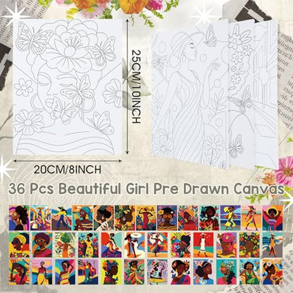 Harloon 36 Pcs 8 x 10 Inch Pre Drawn Canvas for Painting Afro Flower Butterfly Queen Pre Stretched Canvas Painting for Adults Outline for Sip and Paint Party Supplies Favor - style: Flower Queen