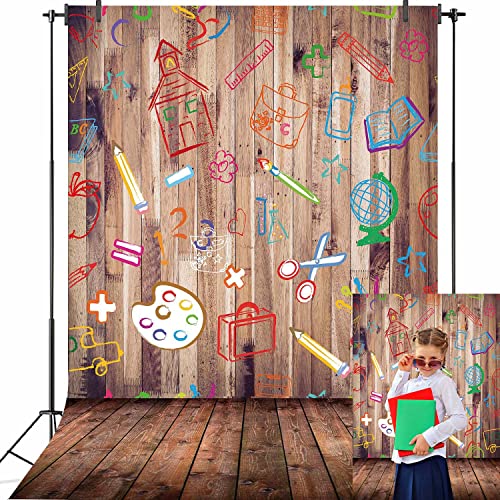 2026 Back to School Backdrop for Photography 5X7FT Hand Painted Pencils House Books on Vintage Retro Wood Floor Background for Kids Party Decorations Photoshoot Studio Props - size: 5X7FT