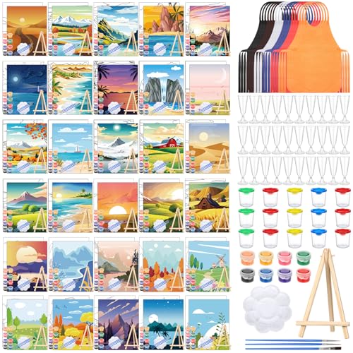 Sherr 285 Pcs 30 Sets Sip and Paint Kit for Adults,Scenery | Pre Drawn Canvas to Paint for Adults, Acrylic Paints, Brushes, Easels, Date Night, Birthday Party Gifts - style: Beautiful Scenery