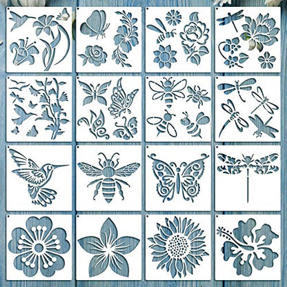 Zonon 16 Pcs Stencils for Painting, DIY Craft Templates, 5.1 x 5.1 Inch | Summer Reusable Painting Stencils for Wall Wood Canvas Crafts, Flower Butterfly Hummingbird Designs, Metal Open Rings - size: 5.1 x 5.1 Inch
