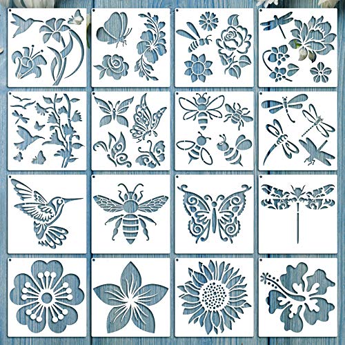 Zonon 16 Pcs Stencils for Painting, DIY Craft Templates, 6.3 X 6.3 Inch | Summer Reusable Painting Stencils for Wall Wood Canvas Crafts, Flower Butterfly Hummingbird Designs, Metal Open Rings - size: 6.3 x 6.3 Inch