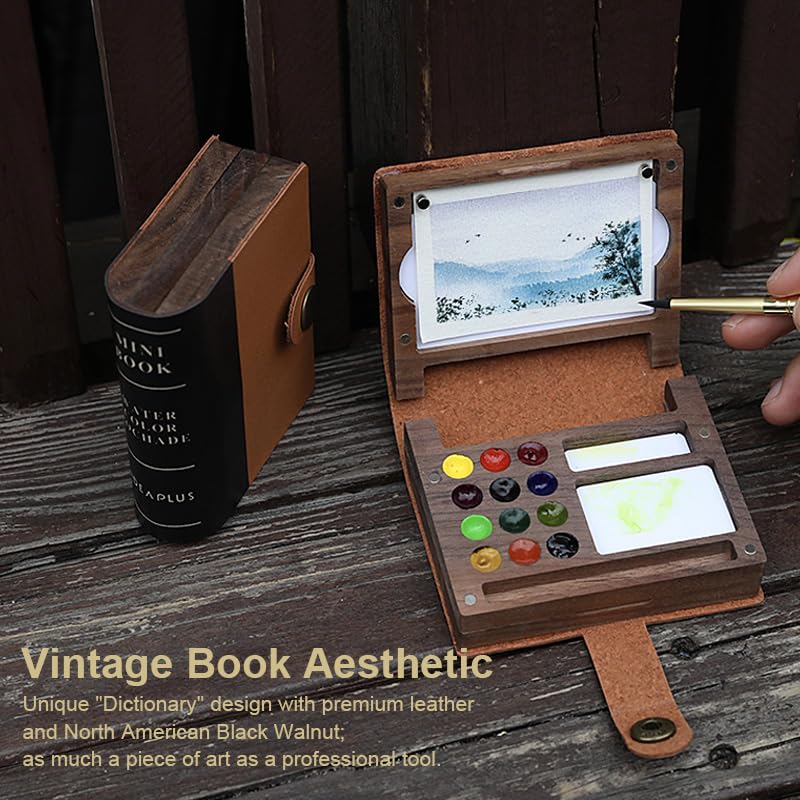 IDEAPLUS Walnut Folio Watercolor Kit, Leather Cover 12-Well Wood Travel Paint Set, Includes Collapsible Brass Brush, Spray Bottle, Sponge, Portable Art Sketching Box for Artists