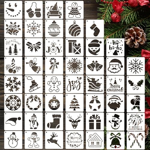 50 PCS Christmas Painting Stencils Reusable Christmas Stencils for Painting on Wood Rocks Canvas Fabric Glass Pottery 4x4 Inch - color: Christmas Stencils