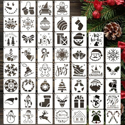 50 PCS Christmas Painting Stencils Reusable Christmas Stencils for Painting on Wood Rocks Canvas Fabric Glass Pottery 4x4 Inch - color: Christmas Stencils