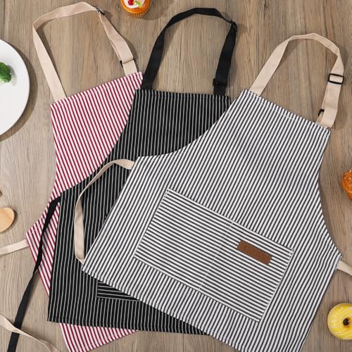 3 Pack Stripes Kids Apron, Adjustable Kids Cooking Aprons with 2 Pockets, Cute Chef Baking Aprons for Boys and Girls - color: Black + Grey + Pink, size: 45x50cm