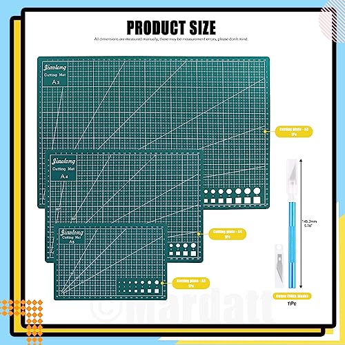3Pcs A3 A4 A5 PVC Self Healing Cutting Mat with Precision Carving Knife, 5-Ply Double Sided Non-Slip Cutting Board Mat with Grid for Crafts Sewing Quilting Fabric（Green）