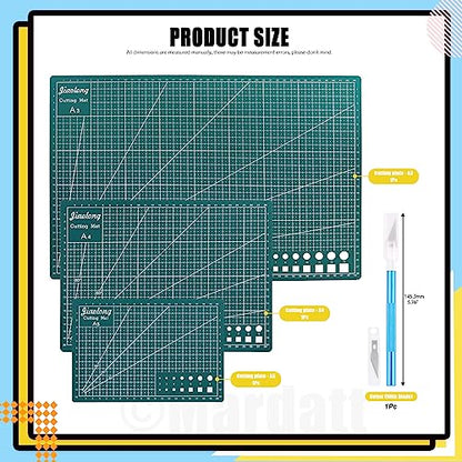 3Pcs A3 A4 A5 PVC Self Healing Cutting Mat with Precision Carving Knife, 5-Ply Double Sided Non-Slip Cutting Board Mat with Grid for Crafts Sewing Quilting Fabric（Green）