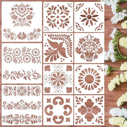 Mexican Stencils for Painting Talavera Stencil | Reusable Folk Art Stencils for Painting on Vases Wall Floors Furniture Cielito Lindo Decor - style: Talavera