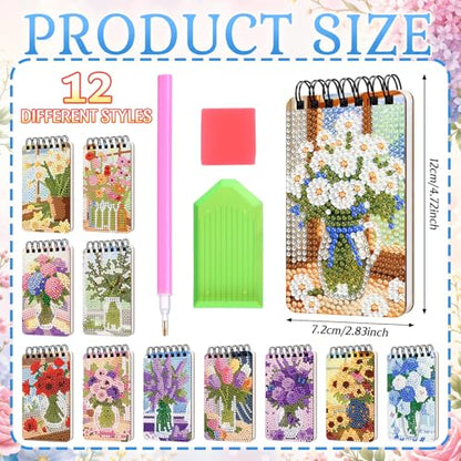 Fuyoooo 12 Pcs Fresh Floral Diamond Art Notebook for Adults, 4.72 x 2.83'' | Summer Fresh Floral Diamond Art Kits, Flower DIY Cover Notebook Diamond Painting for Beginner, 5d Journal Notepad Accessories - style: Fresh Floral
