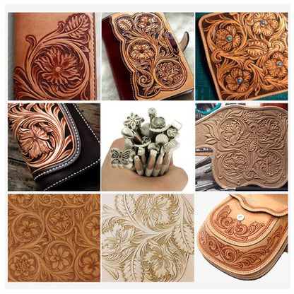Leather Stamping Tools Kit,Leather Different Shape Saddle Making Stamp Punch Set,Leather Carving Tools Kit with Leather Working Hammer, Swivel Knife,Tracing Paper and Tracing Pen