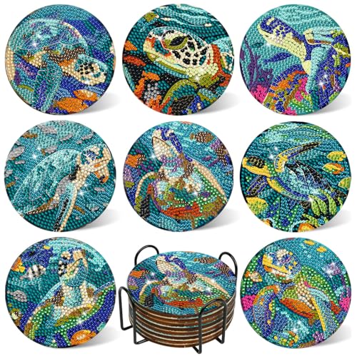 DOTSOPS 8 Pcs Ocean Diamond Art Coasters Kits for Adults with Holder 4 in - color: Ocean